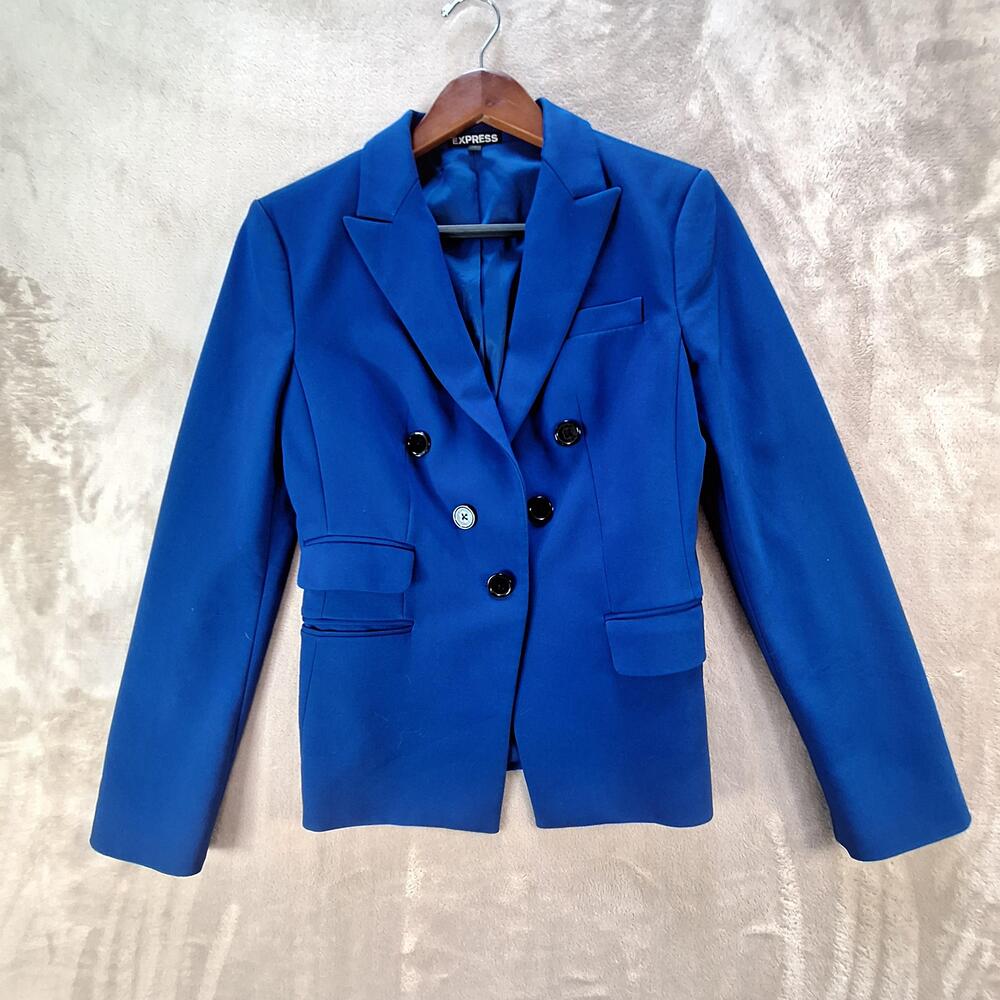 Express Blazer Womens 4 Blue Double Breasted 6 Button Lined Stretch Suit Jacket